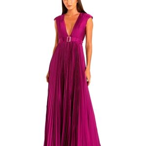 NWT Mac Duggal Pleated Plunge Neck Belted A Line Gown Raspberry 14 #8613